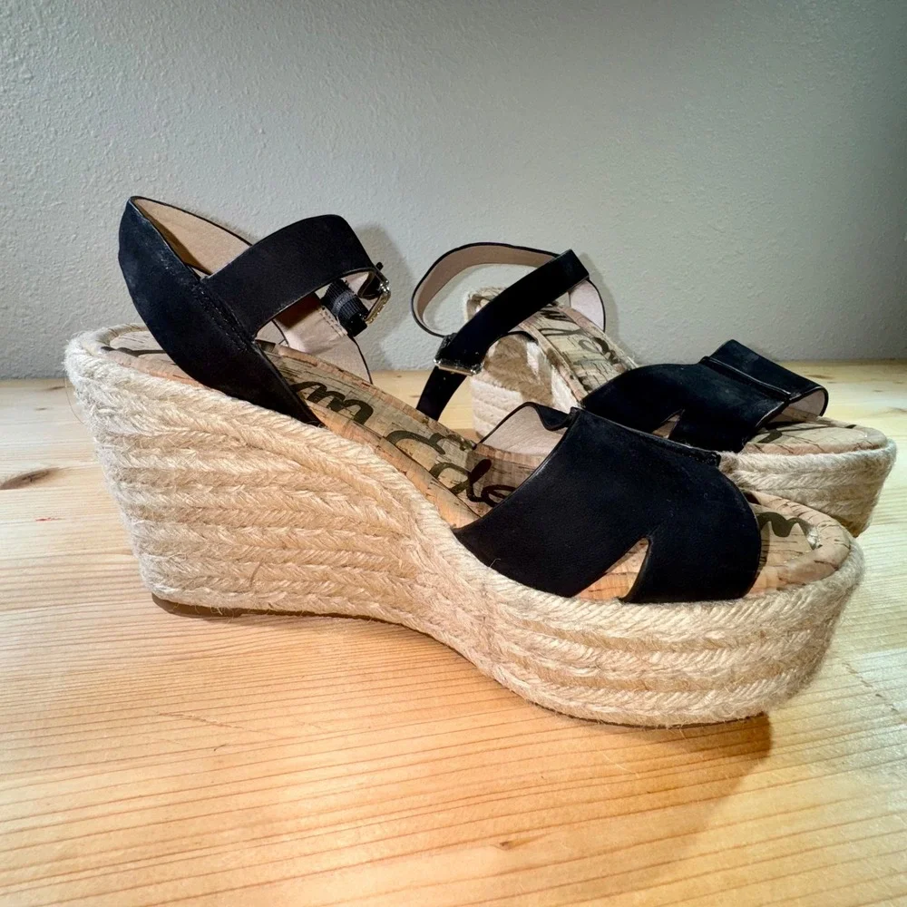 Sam Edelman Espadrille Platform‎ Wedge Sandals Black Leather Size 9.5M